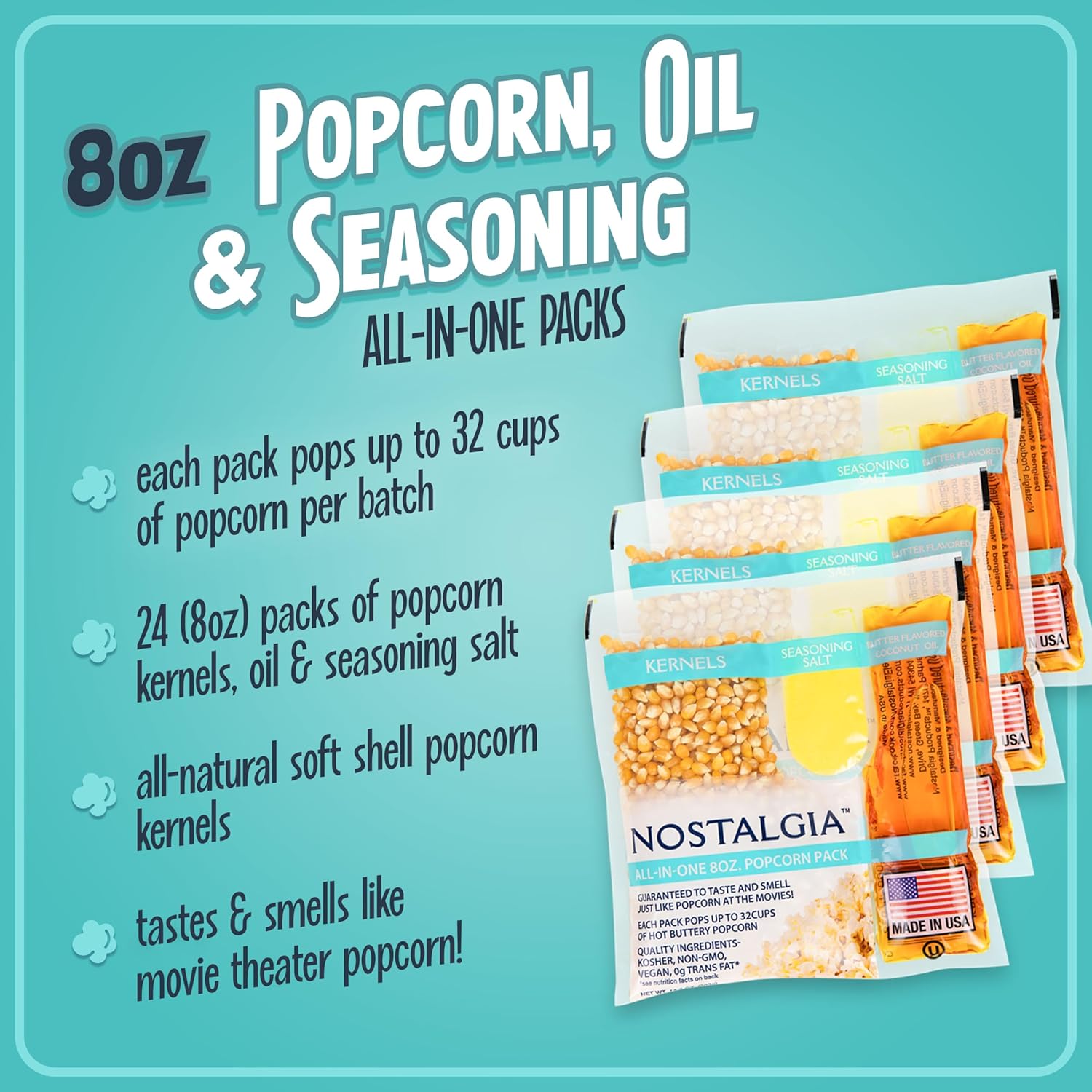Nostalgia Movie Theater Style Popcorn Packets for Popcorn Machine, All-in-One Popcorn Kernels, Coconut Oil, Seasoning Salt, 8oz Packs, 24 count1