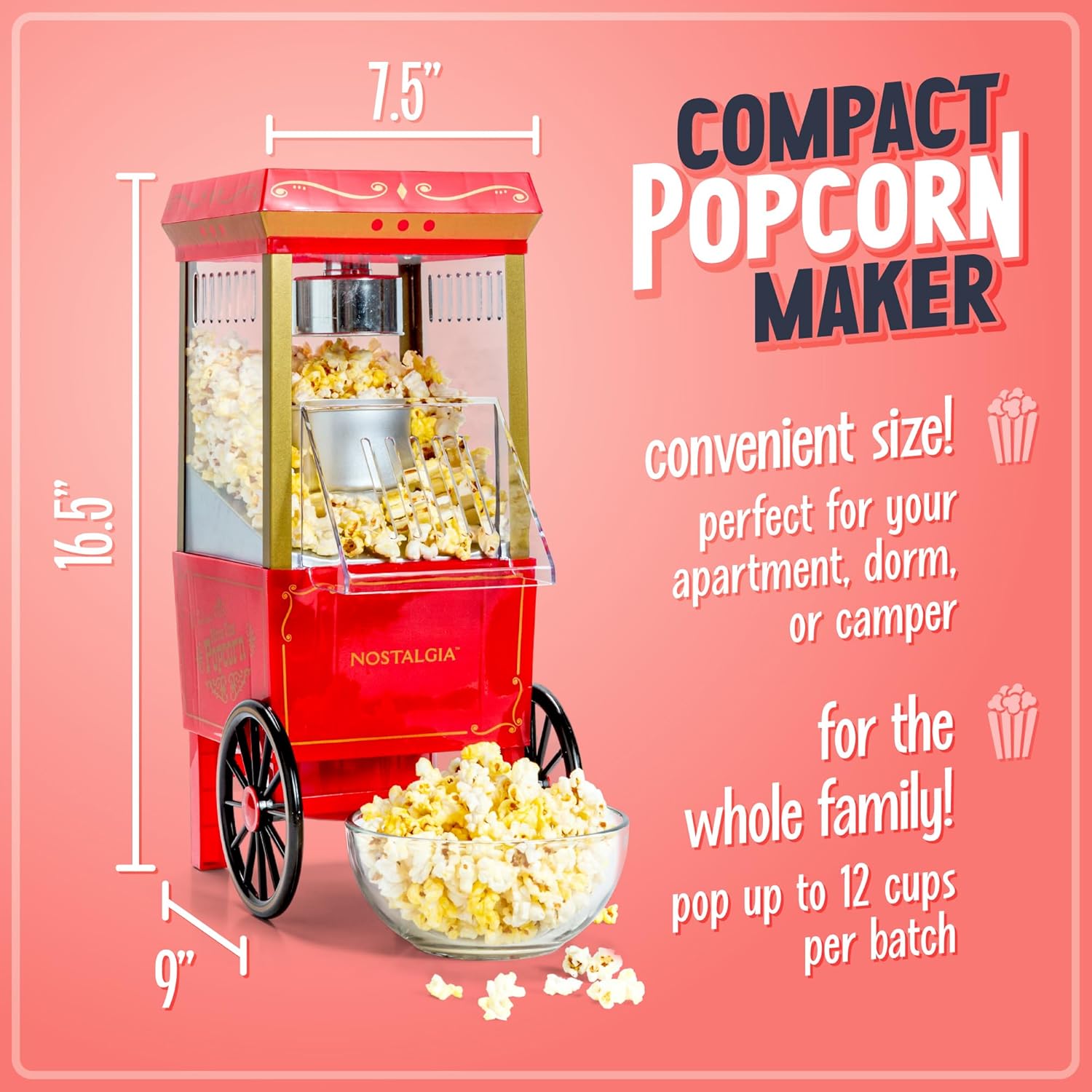 Nostalgia Vintage Hot-Air Popcorn Maker Machine - Makes Up to 12 Cups - Oil-Free - Healthier Popcorn - Classic Stand-Up Cart With Wheels - Includes Kernel Measuring Cup - Red1