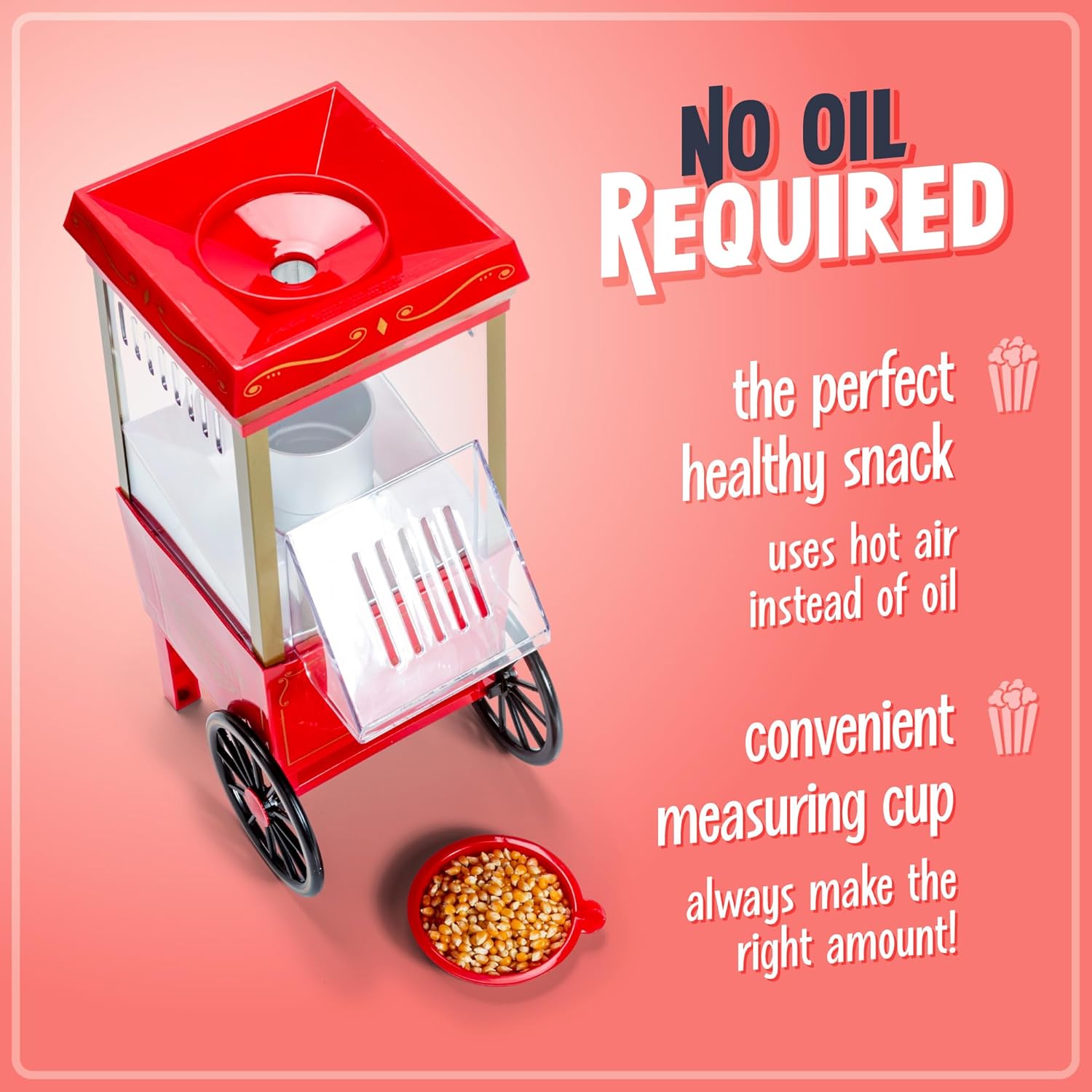 Nostalgia Vintage Hot-Air Popcorn Maker Machine - Makes Up to 12 Cups - Oil-Free - Healthier Popcorn - Classic Stand-Up Cart With Wheels - Includes Kernel Measuring Cup - Red9
