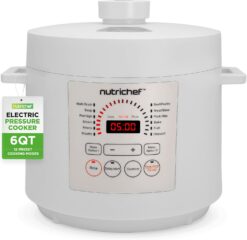 NutriChef Electric Pressure Cooker 6 Quart Capacity | 9 Function Digital Countertop Pressure Cooker | Adjustable Time & Temperature | Cook, Bake, Steam, Broil, & Braise | 13.1 x 11.4 IN | White