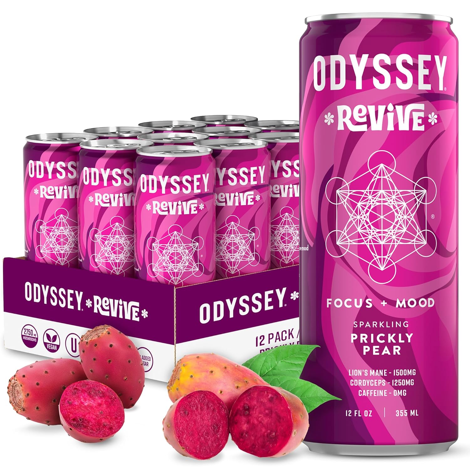 Odyssey Revive Sparkling Hydration Drink w L Theanine, Lions Mane, Cordyceps and Electrolytes, Caffeine Free Natural Energy Drinks, Vegan, Non-GMO, Prickly Pear Flavor, 12 Fl oz, 12 Pack Odyssey Revive Sparkling Hydration Drink w/L Theanine, Lions Mane, Cordyceps and Electrolytes, Caffeine Free Natural Energy Drinks, Vegan, Non-GMO, Prickly Pear Flavor, 12 Fl oz, 12 Pack