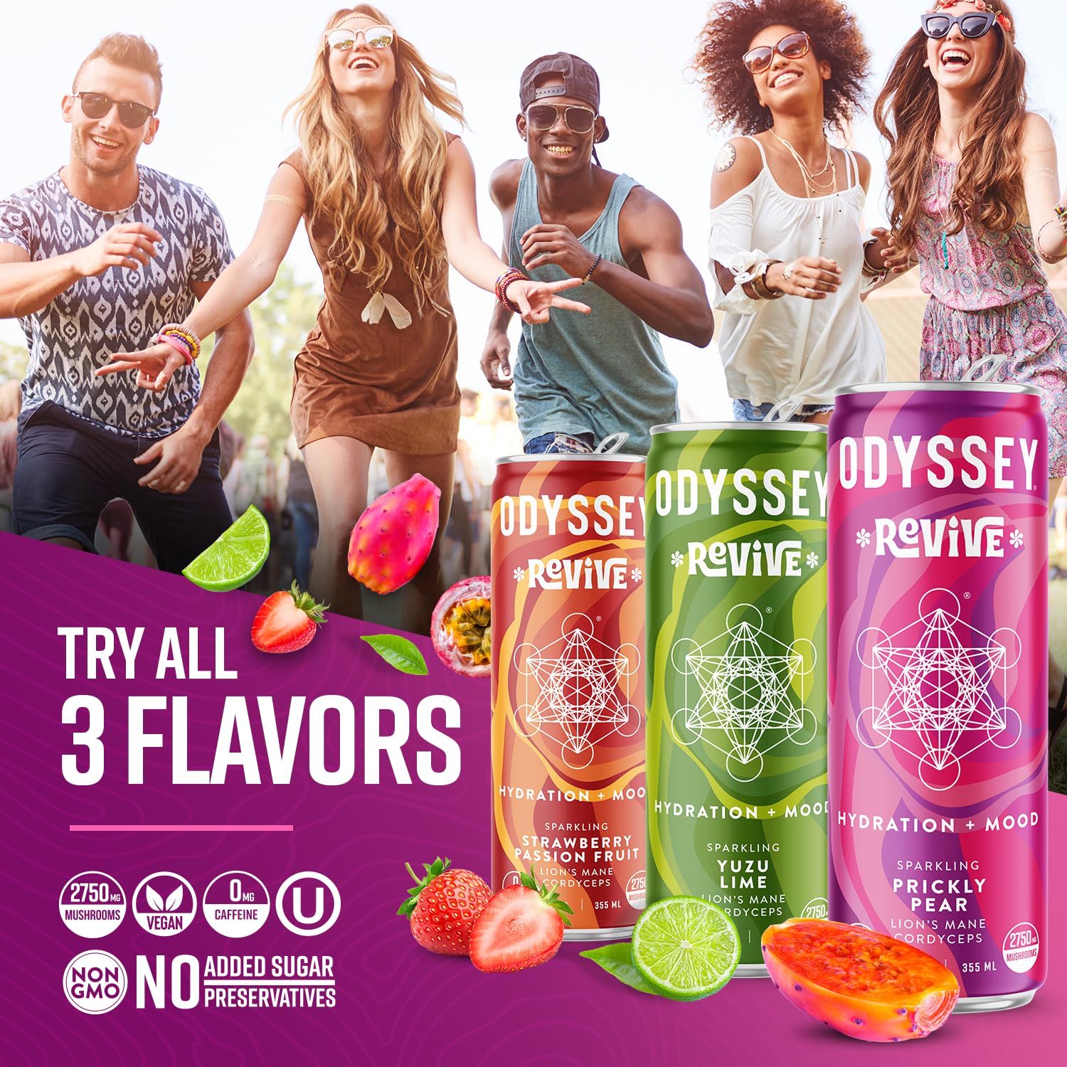 Odyssey Revive Sparkling Hydration Drink w L Theanine, Lions Mane, Cordyceps and Electrolytes, Caffeine Free Natural Energy Drinks, Vegan, Non-GMO, Prickly Pear Flavor, 12 Fl oz, 12 Pack0