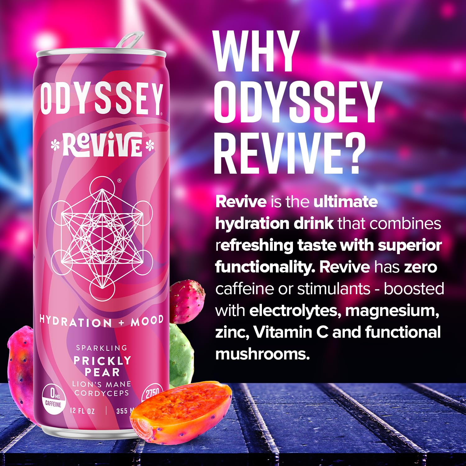 Odyssey Revive Sparkling Hydration Drink w L Theanine, Lions Mane, Cordyceps and Electrolytes, Caffeine Free Natural Energy Drinks, Vegan, Non-GMO, Prickly Pear Flavor, 12 Fl oz, 12 Pack1