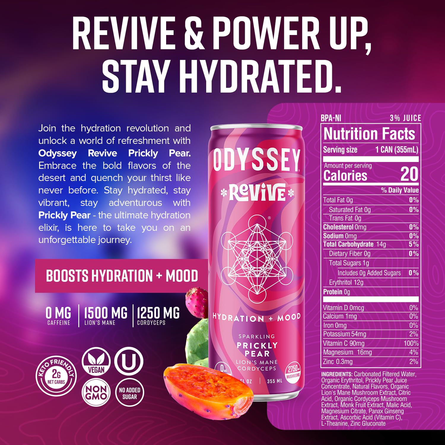Odyssey Revive Sparkling Hydration Drink w L Theanine, Lions Mane, Cordyceps and Electrolytes, Caffeine Free Natural Energy Drinks, Vegan, Non-GMO, Prickly Pear Flavor, 12 Fl oz, 12 Pack2