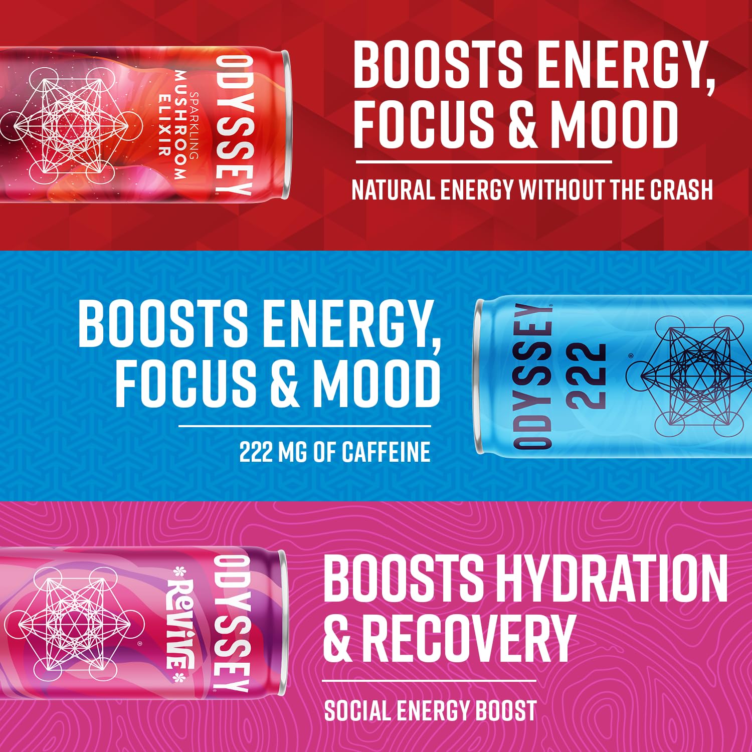 Odyssey Revive Sparkling Hydration Drink w L Theanine, Lions Mane, Cordyceps and Electrolytes, Caffeine Free Natural Energy Drinks, Vegan, Non-GMO, Prickly Pear Flavor, 12 Fl oz, 12 Pack6