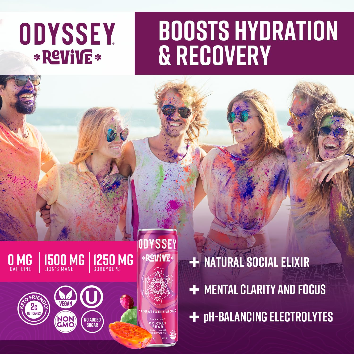 Odyssey Revive Sparkling Hydration Drink w L Theanine, Lions Mane, Cordyceps and Electrolytes, Caffeine Free Natural Energy Drinks, Vegan, Non-GMO, Prickly Pear Flavor, 12 Fl oz, 12 Pack9