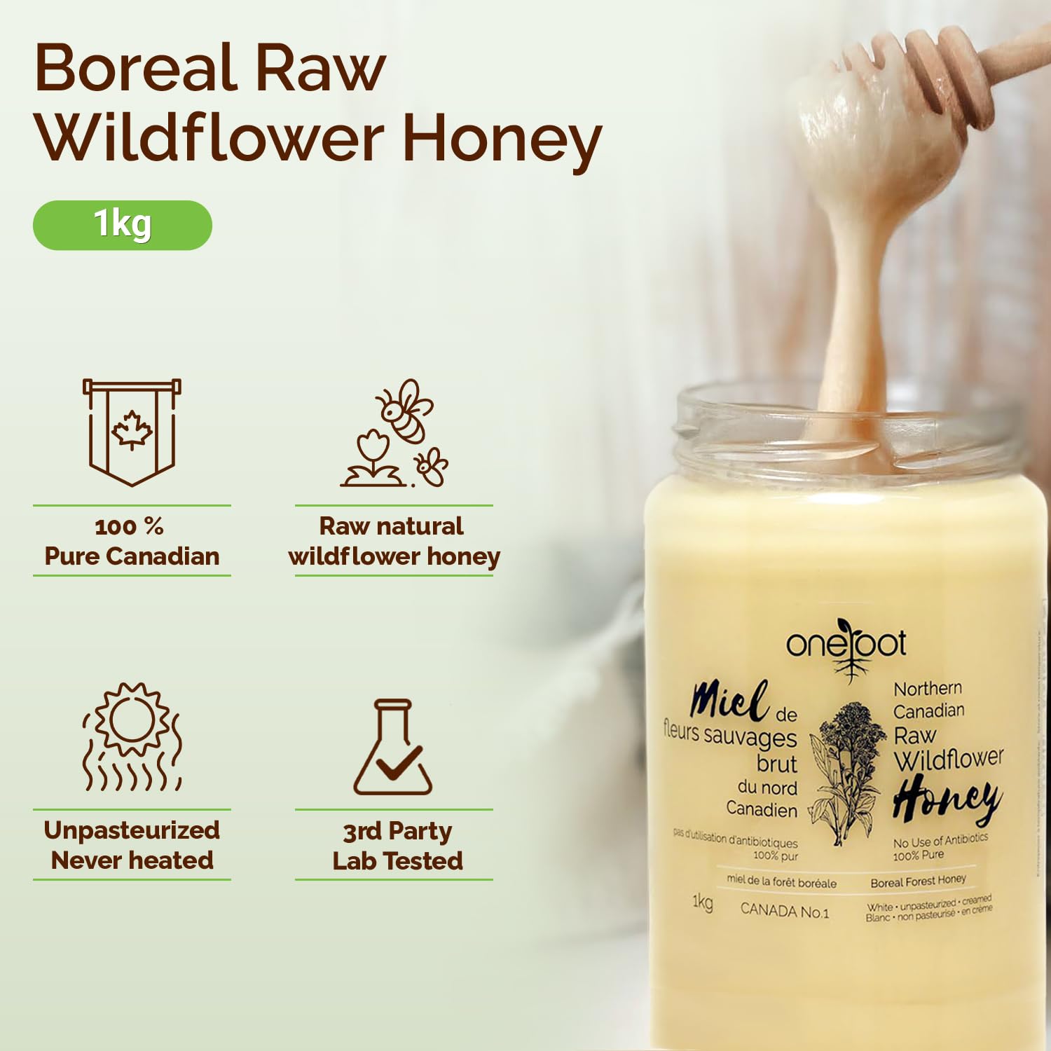Oneroot 100% Canadian Flower Honey - 1kg 2.2lbs, Honey Wildflower Unfiltered, Unheated & Creamed, Nutrient Rich Raw Wildflower Honey With Enzymes, Thick Natural Sweetener1