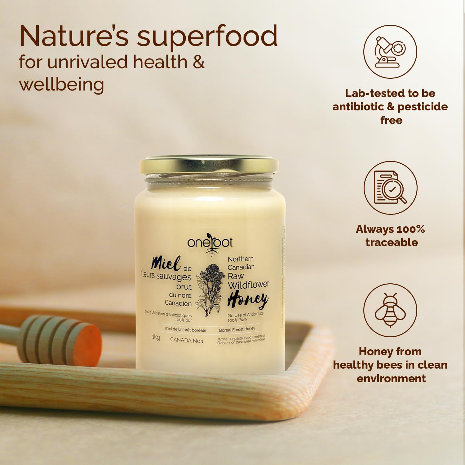 Oneroot 100% Canadian Flower Honey - 1kg 2.2lbs, Honey Wildflower Unfiltered, Unheated & Creamed, Nutrient Rich Raw Wildflower Honey With Enzymes, Thick Natural Sweetener2