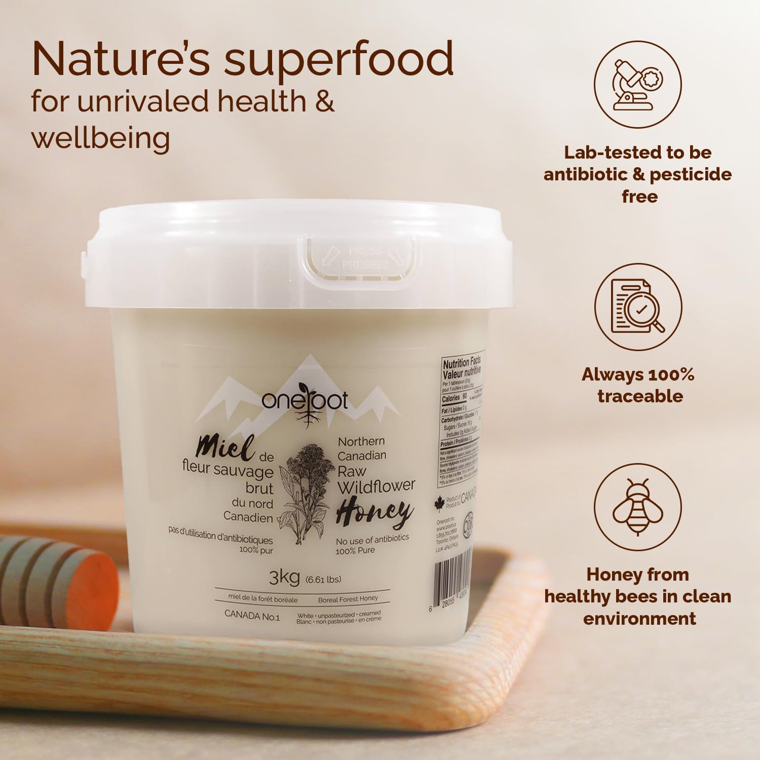 Oneroot 100% Canadian Flower Honey - Honey Wildflower Unfiltered, Unheated & Creamed, Nutrient Rich Raw Wildflower Honey With Enzymes, Thick Natural Sweetener (6.6 Pound)3