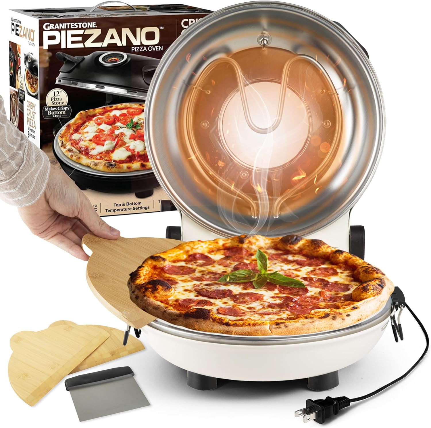 PIEZANO Crispy Crust Pizza Oven by Granitestone – Electric Pizza Oven Indoor Portable, 12 Inch Indoor Pizza Oven Countertop, Pizza Maker Heats up to 800˚F for Stone Baked Pizza at Home - Cream PIEZANO Crispy Crust Pizza Oven by Granitestone – Electric Pizza Oven Indoor Portable, 12 Inch Indoor Pizza Oven Countertop, Pizza Maker Heats up to 800˚F for Stone Baked Pizza at Home - Cream