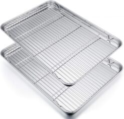 P&P CHEF Extra Large Baking Sheet and Cooking Rack Set, Stainless Steel Cookie Half Sheet Pan with Grill Rack, Rectangle 19.6''x13.5''x1.2'', Oven & Dishwasher Safe, 4 Piece (2 Pans+2 Racks)