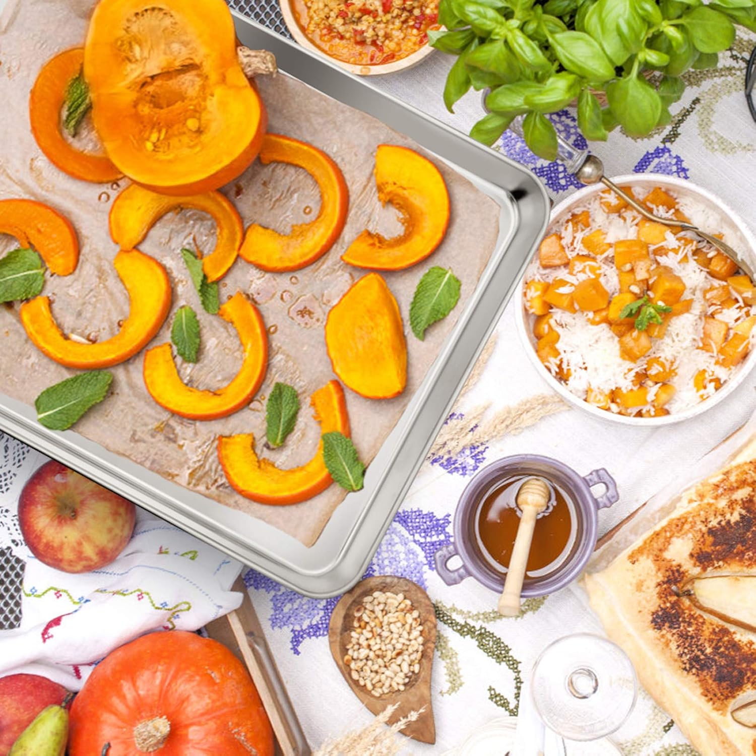 P&P CHEF Extra Large Baking Sheet and Cooking Rack Set, Stainless Steel Cookie Half Sheet Pan with Grill Rack, Rectangle 19.6x13.5x1.2, Oven & Dishwasher Safe, 4 Piece (2 Pans+2 Racks)90