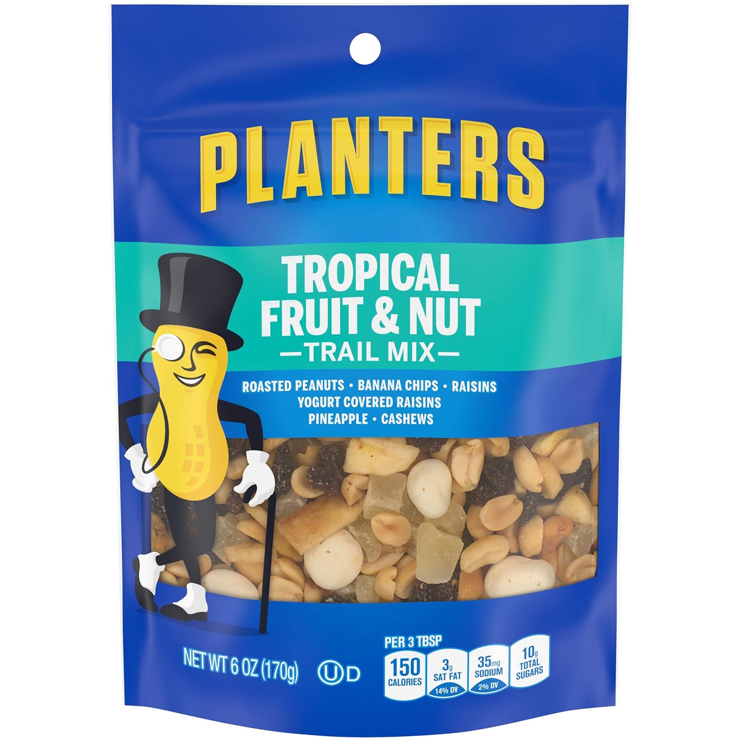 Planters Tropical Fruit & Nut Trail Mix with Roasted Peanuts (Banana Chips, Raisins, Yogurt Raisins, Pineapple & Cashews, 6 oz Pack of 12) Planters Tropical Fruit & Nut Trail Mix with Roasted Peanuts (Banana Chips, Raisins, Yogurt Raisins, Pineapple & Cashews, 6 oz Pack of 12)