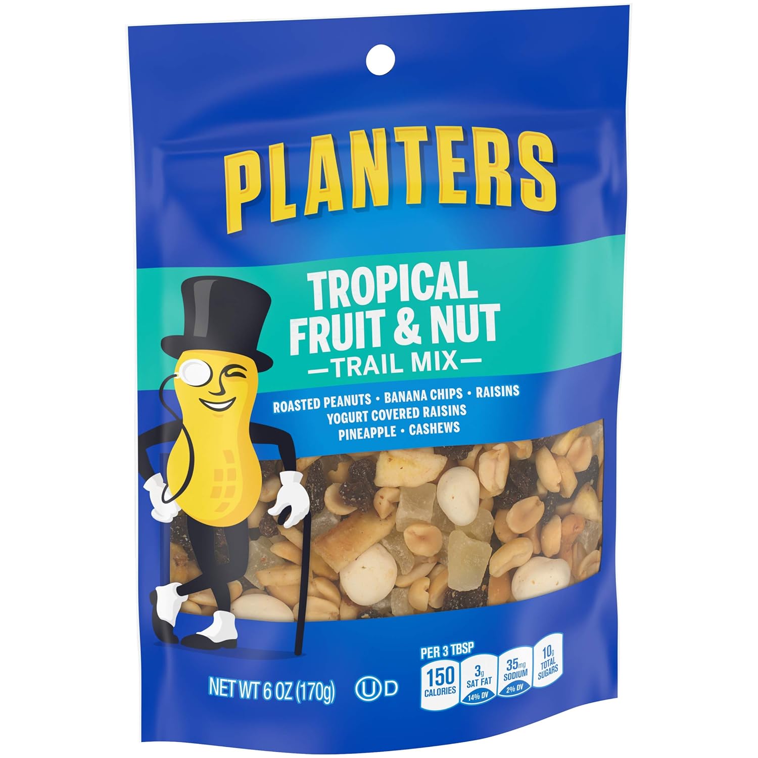 Planters Tropical Fruit & Nut Trail Mix with Roasted Peanuts (Banana Chips, Raisins, Yogurt Raisins, Pineapple & Cashews, 6 oz Pack of 12)1