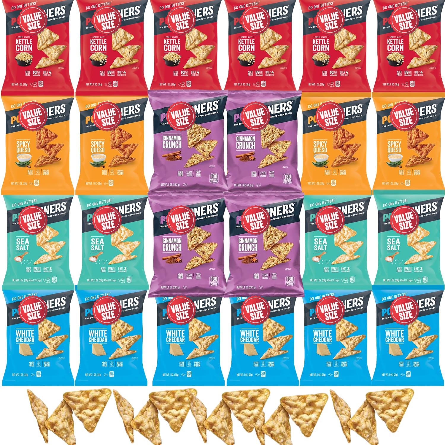 Pop-Cornners Snacks Gluten Free Chips, 5 Flavor Variety Pack 28 Count 1 oz Bags Packaged By Doomi, Individual Snack Bags in Sea Salt, White Cheddar, Sweet & Salty Pop-Cornners Snacks Gluten Free Chips, 5 Flavor Variety Pack 28 Count 1 oz Bags Packaged By Doomi