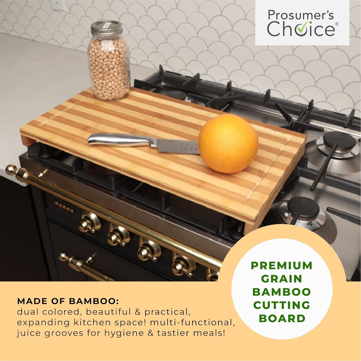 Prosumer's Choice Premium Bamboo Large Cutting Boards Stovetop Cover with Juice Grooves For Kitchen Large Wooden Butcher Block for Turkey, Meat, Vegetables, BBQ with Adjustable Legs, 11 X 21.253