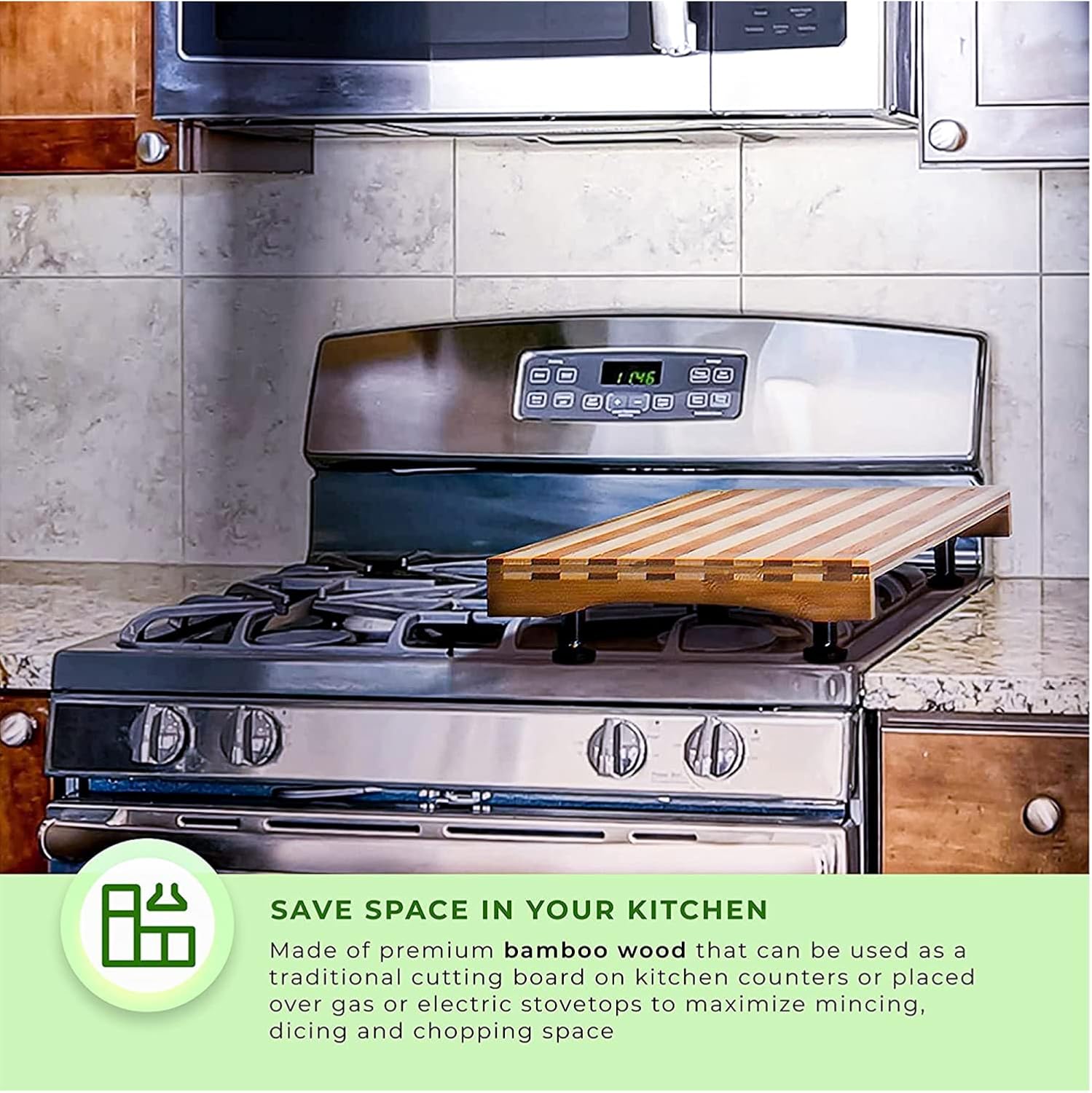 Prosumer's Choice Premium Bamboo Large Cutting Boards Stovetop Cover with Juice Grooves For Kitchen Large Wooden Butcher Block for Turkey, Meat, Vegetables, BBQ with Adjustable Legs, 11 X 21.257