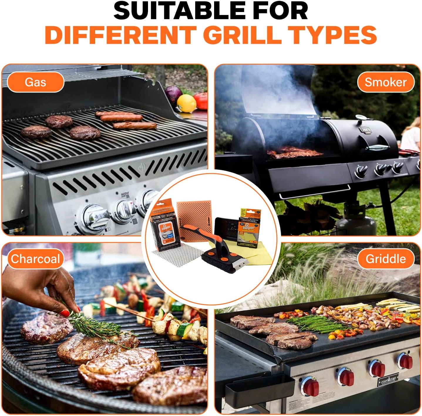 Q-Swiper XL Complete Grill Cleaner Kit - Hot + Cold + Exterior Grill Cleaning. Includes 1 Long Grill Brush, 2 Steam Clean Cloths, 40 Moist Grill Wipes, 1 Exterior Reusable Cloth and 1 Tray.14