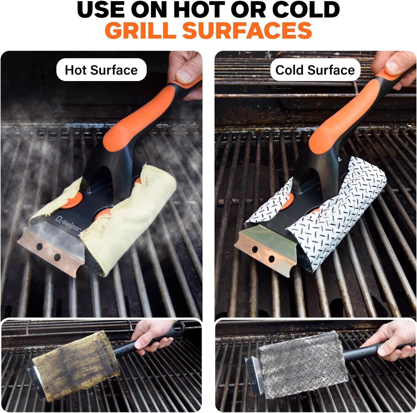 Q-Swiper XL Complete Grill Cleaner Kit - Hot + Cold + Exterior Grill Cleaning. Includes 1 Long Grill Brush, 2 Steam Clean Cloths, 40 Moist Grill Wipes, 1 Exterior Reusable Cloth and 1 Tray.5