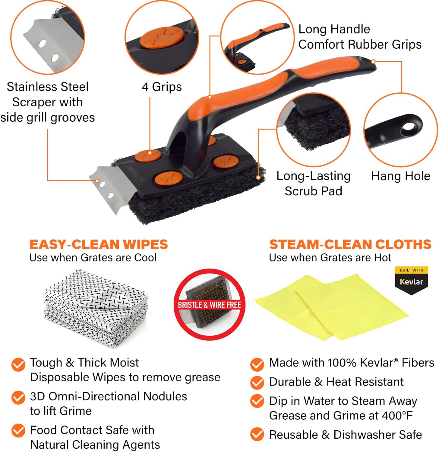 Q-Swiper XL Complete Grill Cleaner Kit - Hot + Cold + Exterior Grill Cleaning. Includes 1 Long Grill Brush, 2 Steam Clean Cloths, 40 Moist Grill Wipes, 1 Exterior Reusable Cloth and 1 Tray.6