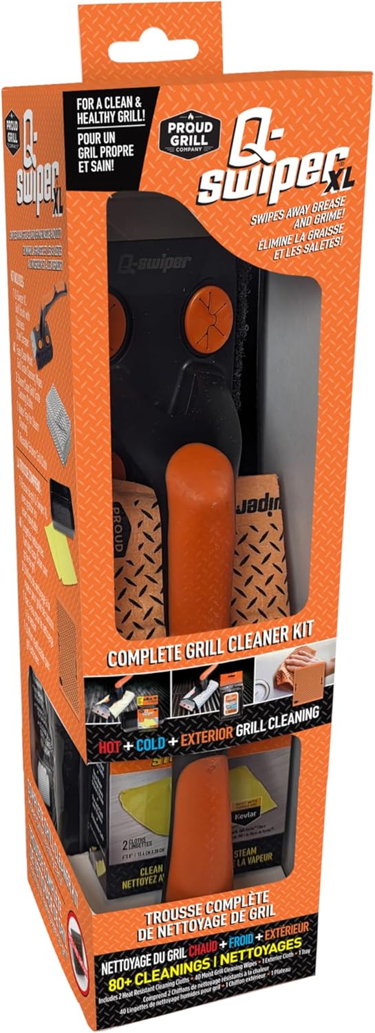 Q-Swiper XL Complete Grill Cleaner Kit - Hot + Cold + Exterior Grill Cleaning. Includes 1 Long Grill Brush, 2 Steam Clean Cloths, 40 Moist Grill Wipes, 1 Exterior Reusable Cloth and 1 Tray.8