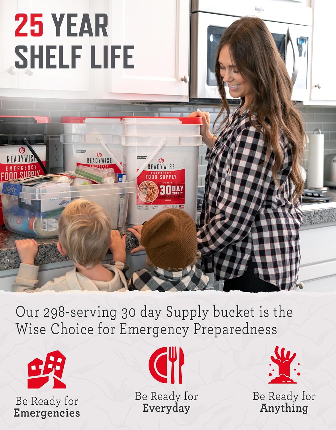 READYWISE - 30 Day, Emergency Food Supply, 298 Servings, 2 Buckets, Freeze-Dried, MRE, Camping, Hiking, Survival, Adventure Meal, 25-Year Shelf Life4