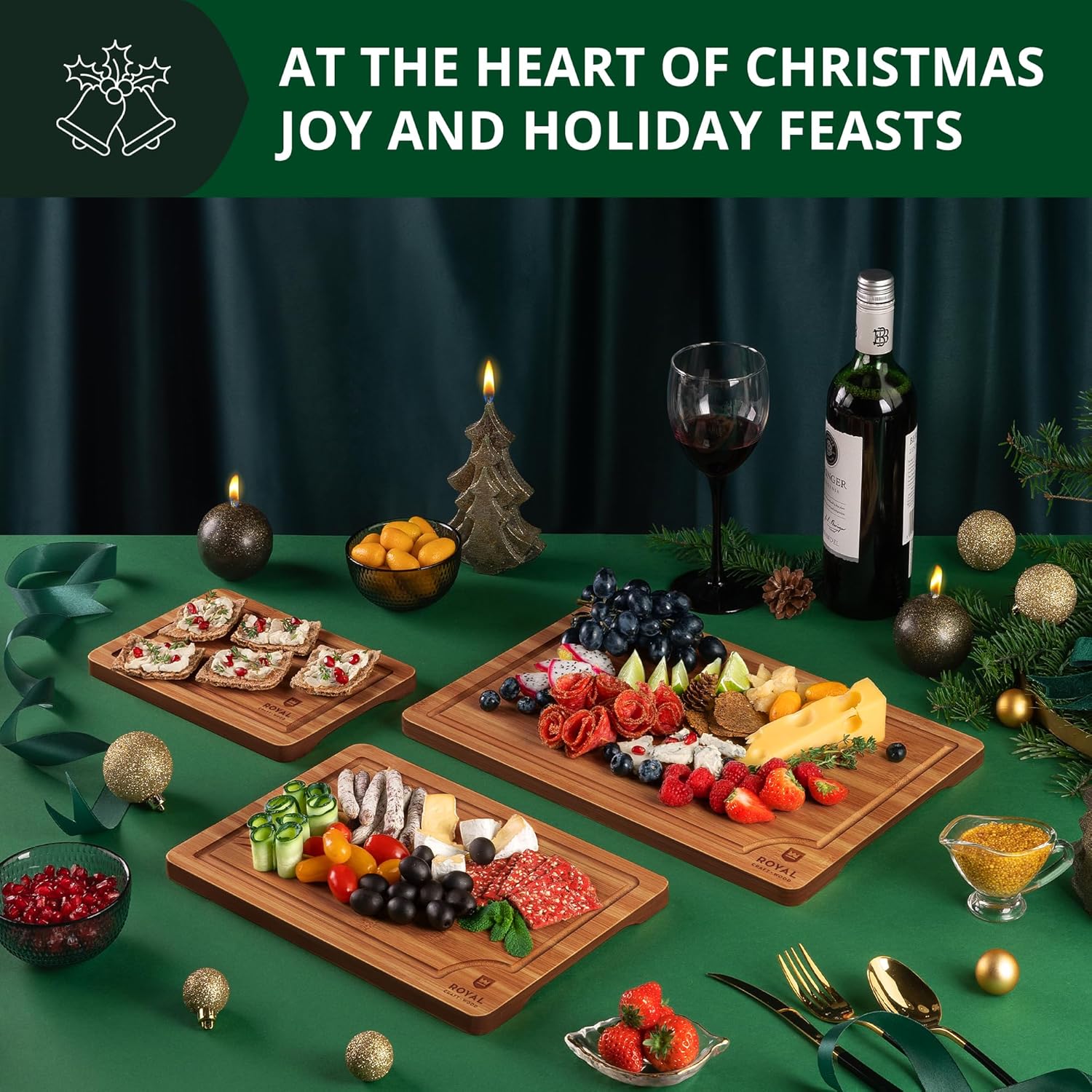 ROYAL CRAFT WOOD Wooden Cutting Boards for Kitchen Meal Prep & Serving - Bamboo Wood Serving Board Set with Deep Juice Groove Side Handles - Charcuterie & Chopping Butcher Block for Meat (3 Pcs)0