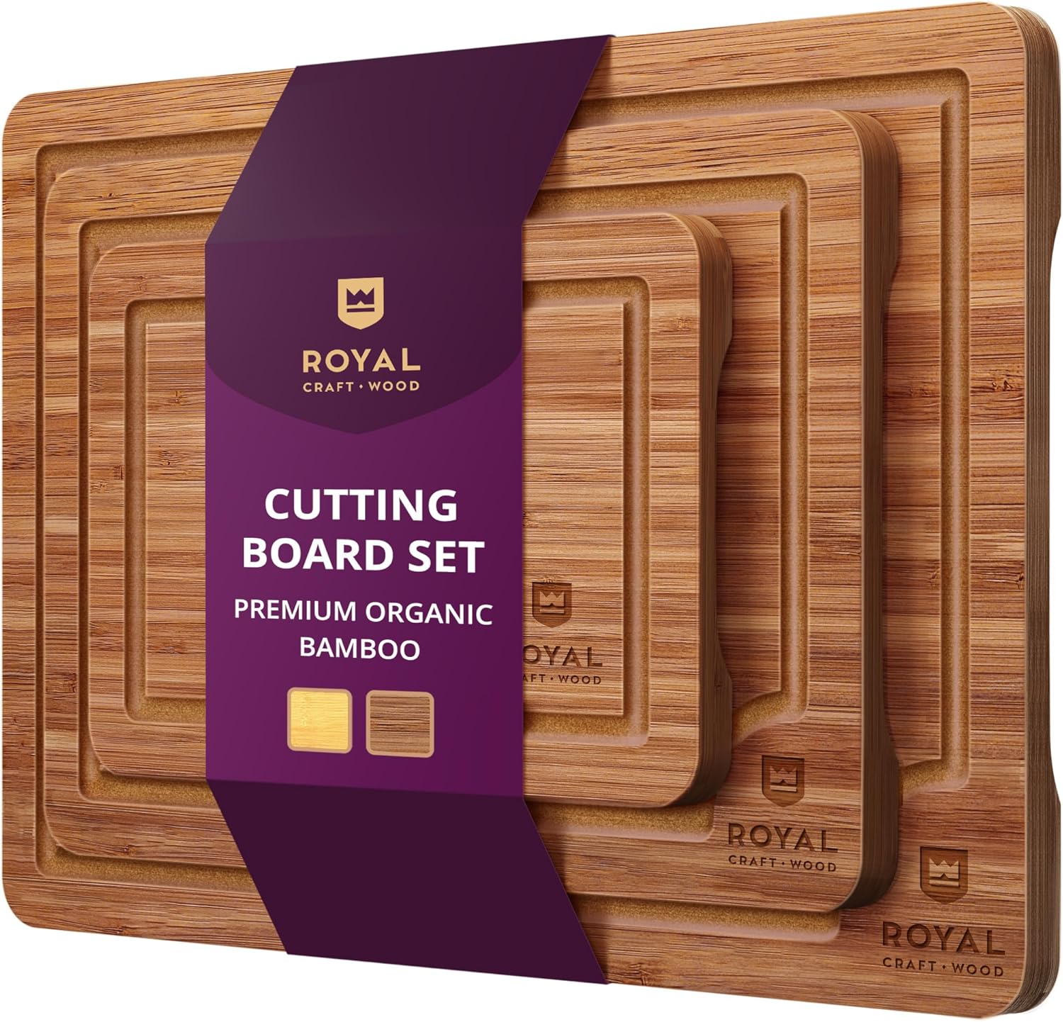ROYAL CRAFT WOOD Wooden Cutting Boards for Kitchen Meal Prep & Serving - Bamboo Wood Serving Board Set with Deep Juice Groove Side Handles - Charcuterie & Chopping Butcher Block for Meat (3 Pcs)1 ROYAL CRAFT WOOD Wooden Cutting Boards for Kitchen Meal Prep & Serving - Bamboo Wood Serving Board Set with Deep Juice Groove Side Handles - Charcuterie & Chopping Butcher Block for Meat (3 Pcs)