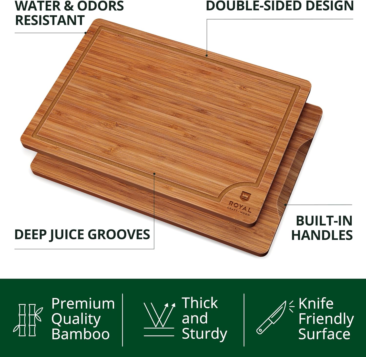 ROYAL CRAFT WOOD Wooden Cutting Boards for Kitchen Meal Prep & Serving - Bamboo Wood Serving Board Set with Deep Juice Groove Side Handles - Charcuterie & Chopping Butcher Block for Meat (3 Pcs)2