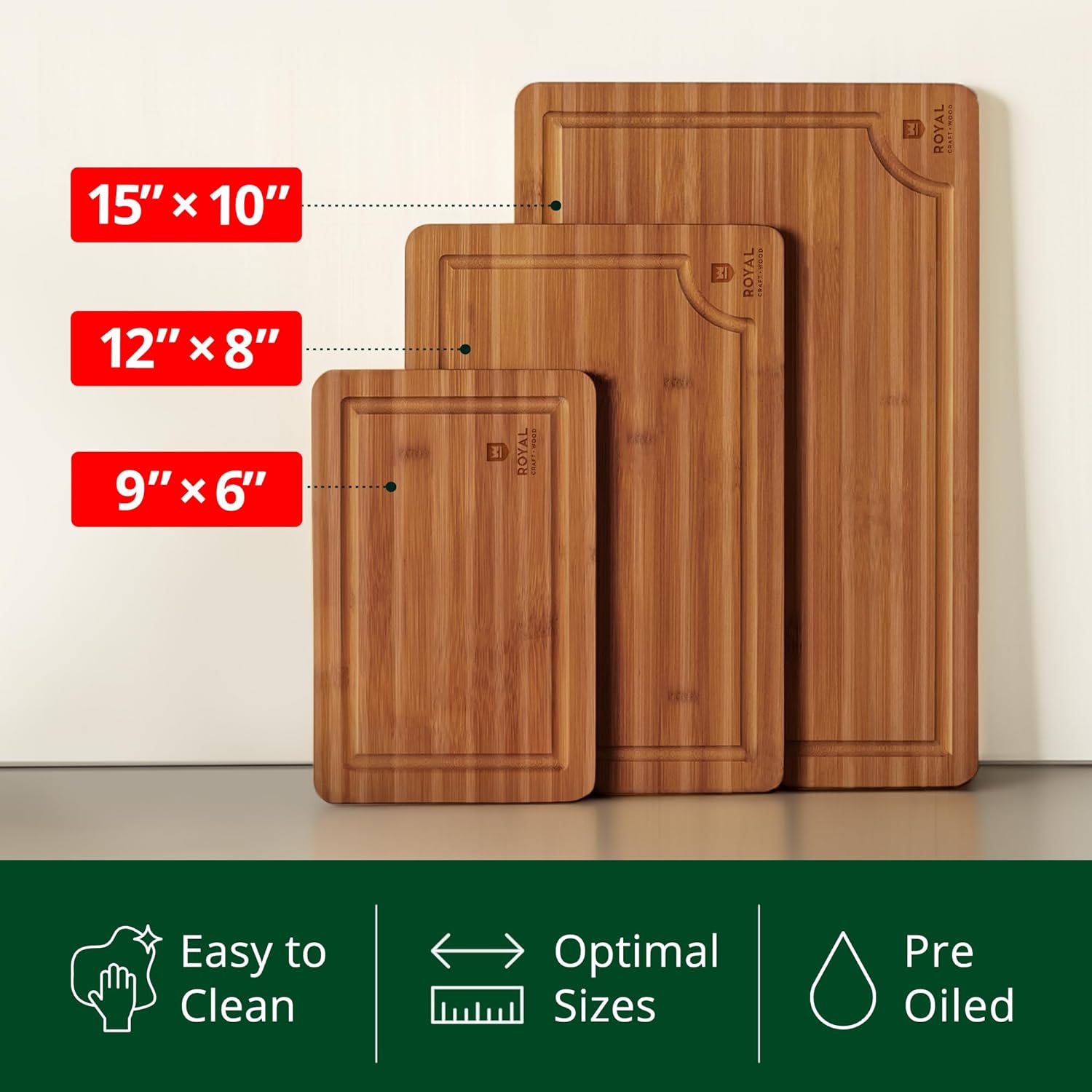 ROYAL CRAFT WOOD Wooden Cutting Boards for Kitchen Meal Prep & Serving - Bamboo Wood Serving Board Set with Deep Juice Groove Side Handles - Charcuterie & Chopping Butcher Block for Meat (3 Pcs)3