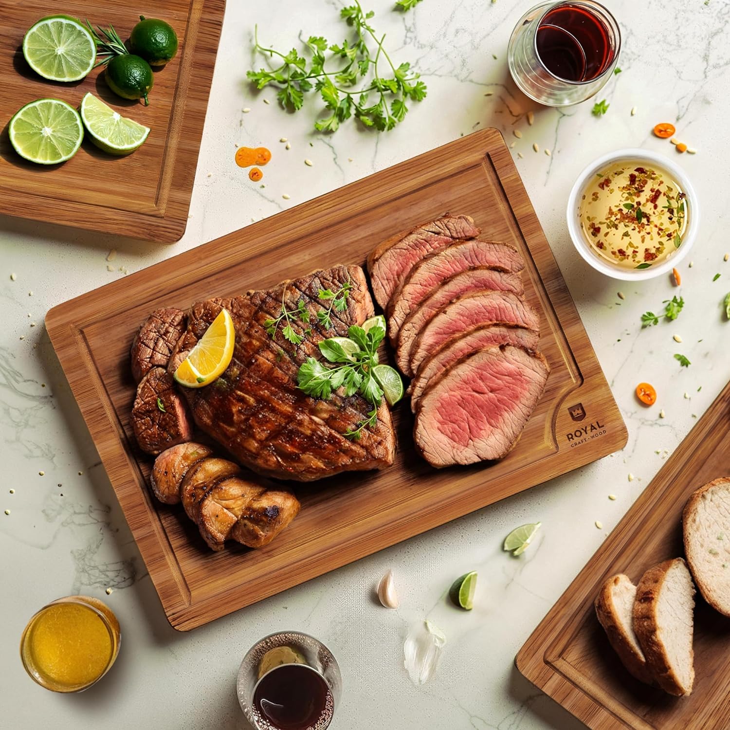 ROYAL CRAFT WOOD Wooden Cutting Boards for Kitchen Meal Prep & Serving - Bamboo Wood Serving Board Set with Deep Juice Groove Side Handles - Charcuterie & Chopping Butcher Block for Meat (3 Pcs)4