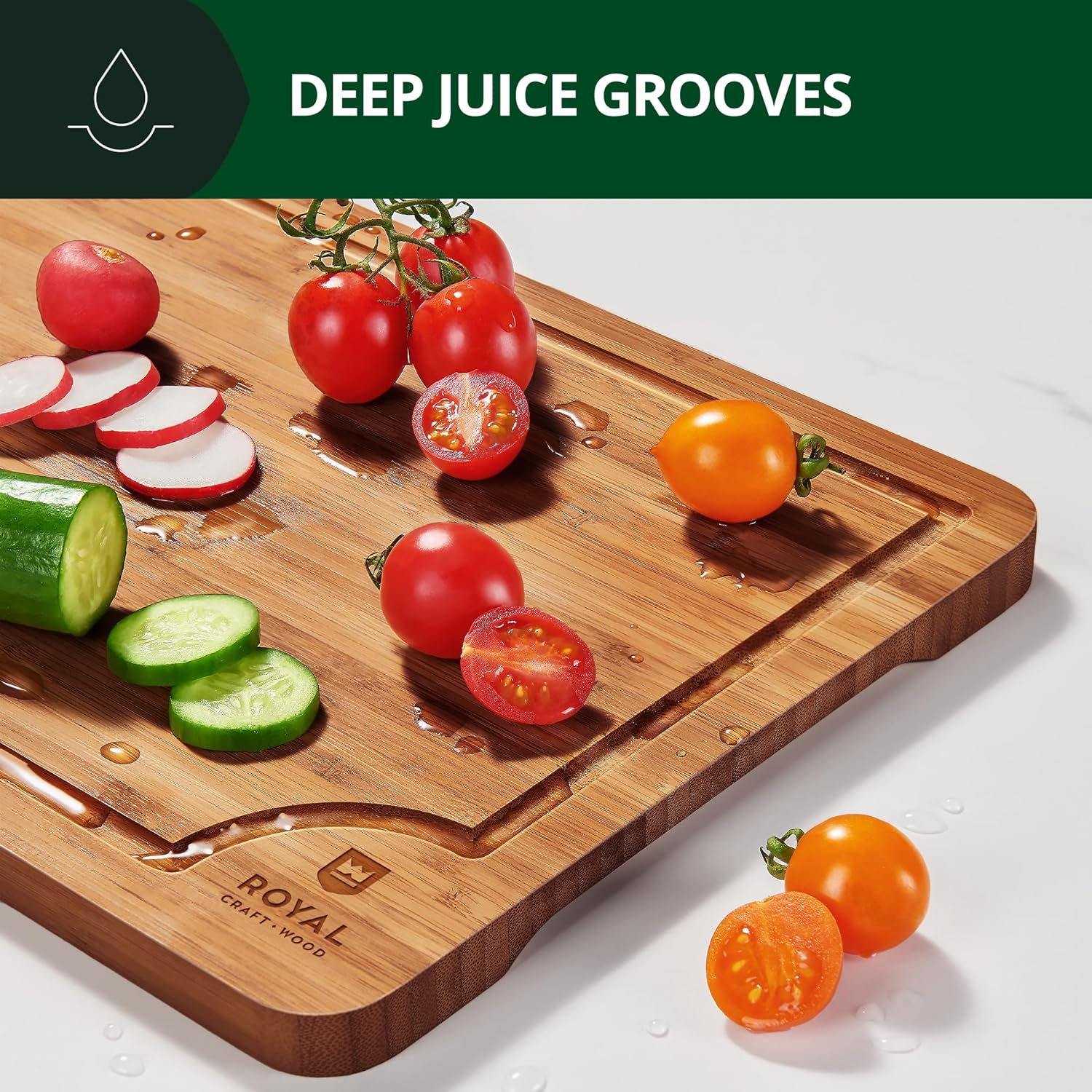 ROYAL CRAFT WOOD Wooden Cutting Boards for Kitchen Meal Prep & Serving - Bamboo Wood Serving Board Set with Deep Juice Groove Side Handles - Charcuterie & Chopping Butcher Block for Meat (3 Pcs)5