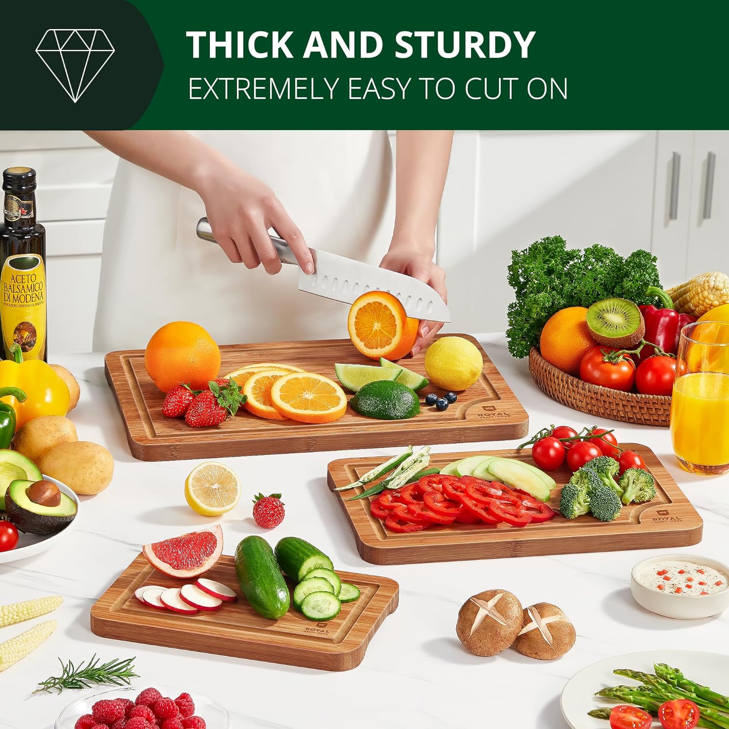 ROYAL CRAFT WOOD Wooden Cutting Boards for Kitchen Meal Prep & Serving - Bamboo Wood Serving Board Set with Deep Juice Groove Side Handles - Charcuterie & Chopping Butcher Block for Meat (3 Pcs)6