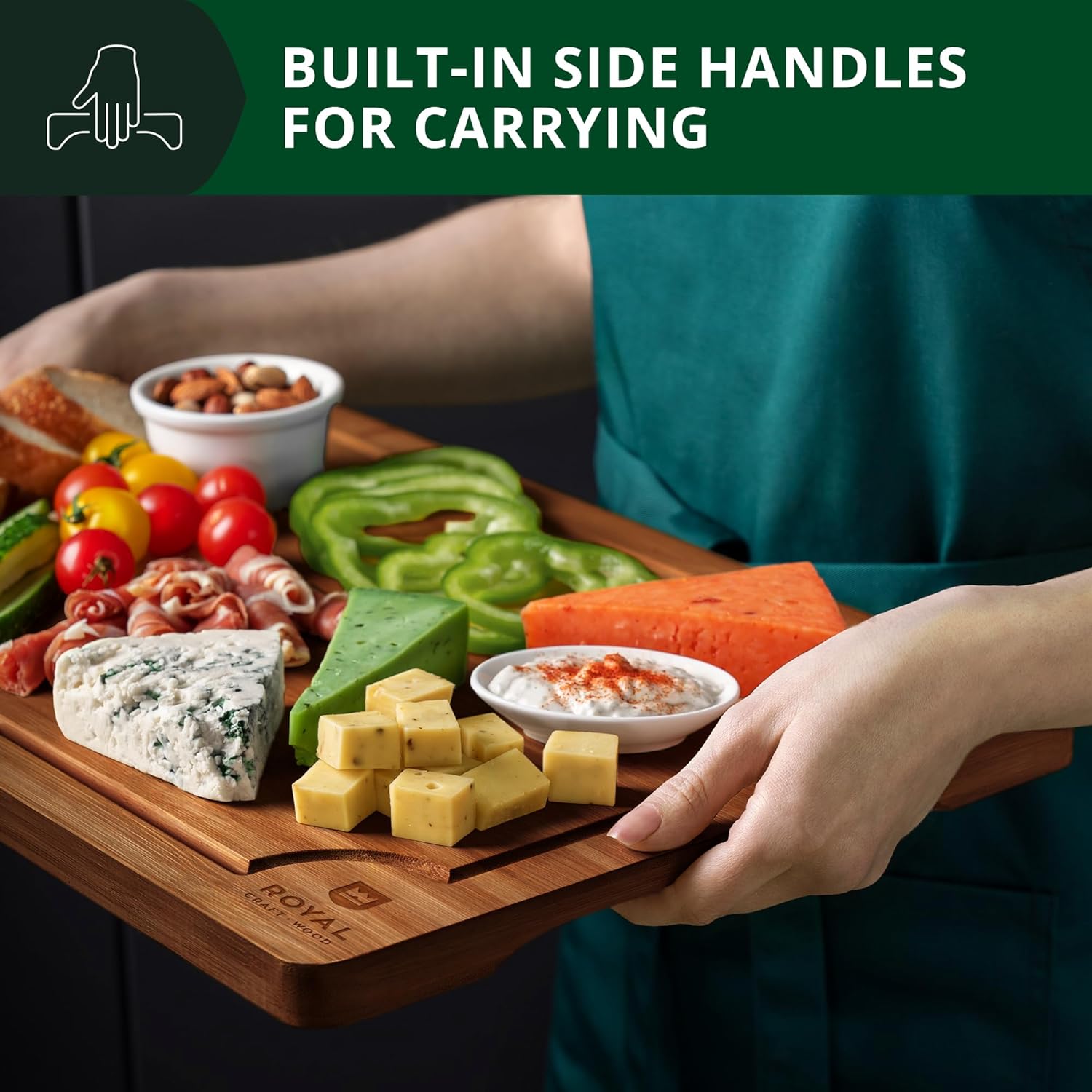 ROYAL CRAFT WOOD Wooden Cutting Boards for Kitchen Meal Prep & Serving - Bamboo Wood Serving Board Set with Deep Juice Groove Side Handles - Charcuterie & Chopping Butcher Block for Meat (3 Pcs)9