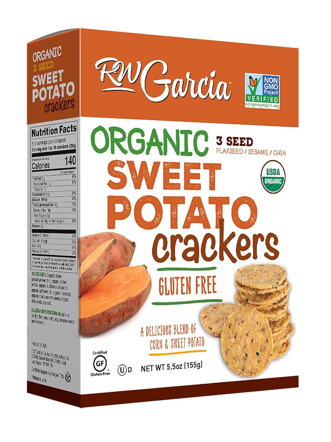 RW Garcia Organic Sweet Potato Crackers, Gluten Free, 5.5oz boxes, 6 pack RW Garcia Organic Sweet Potato Crackers, Gluten Free, 5.5oz boxes, 6 pack