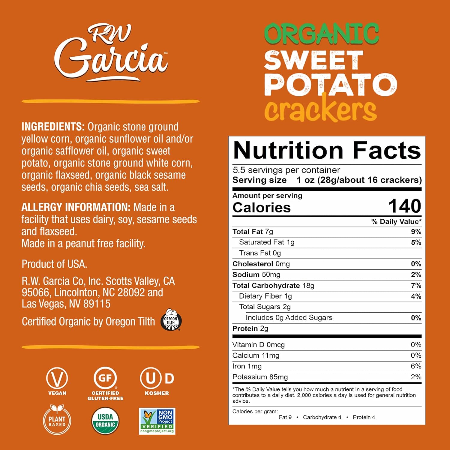 RW Garcia Organic Sweet Potato Crackers, Gluten Free, 5.5oz boxes, 6 pack4