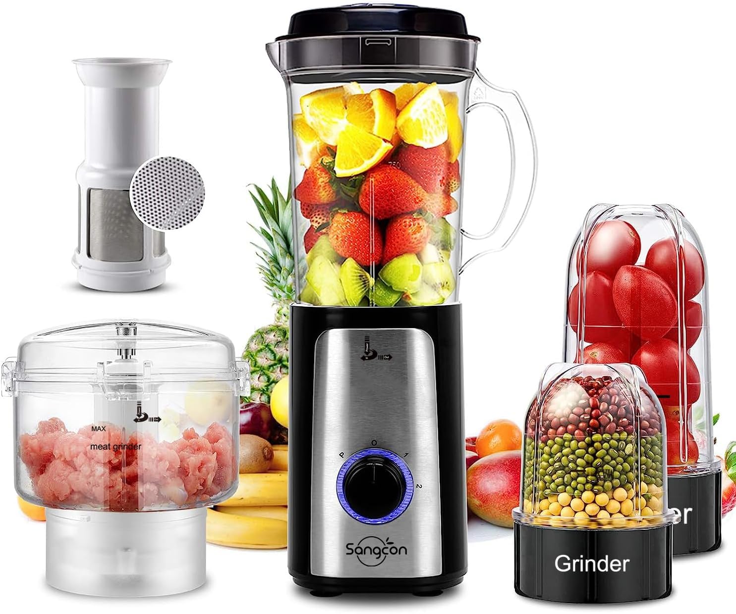 SANGCON 5 in 1 Blender and Food Processor Combo for Kitchen, Small Electric Food Chopper for Meat and Vegetable, 350W High Speed Blenders with 2 Speeds and Pulse for Smoothies and Shakes SANGCON 5 in 1 Blender and Food Processor Combo for Kitchen, Small Electric Food Chopper for Meat and Vegetable, 350W High Speed Blenders with 2 Speeds and Pulse for Smoothies and Shakes