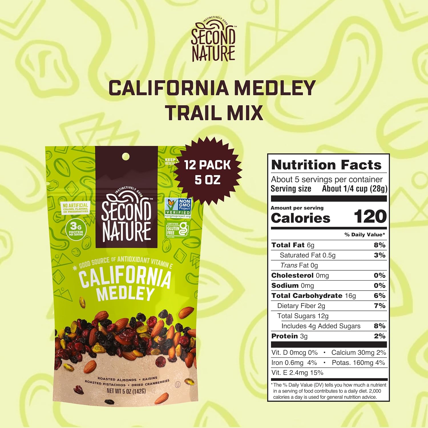 Second Nature California Medley Trail Mix - 5 oz Resealable Snack Pouches (Pack of 12) - Certified Gluten-Free Snack, Nut Trail Mix to Satisfy Hunger1