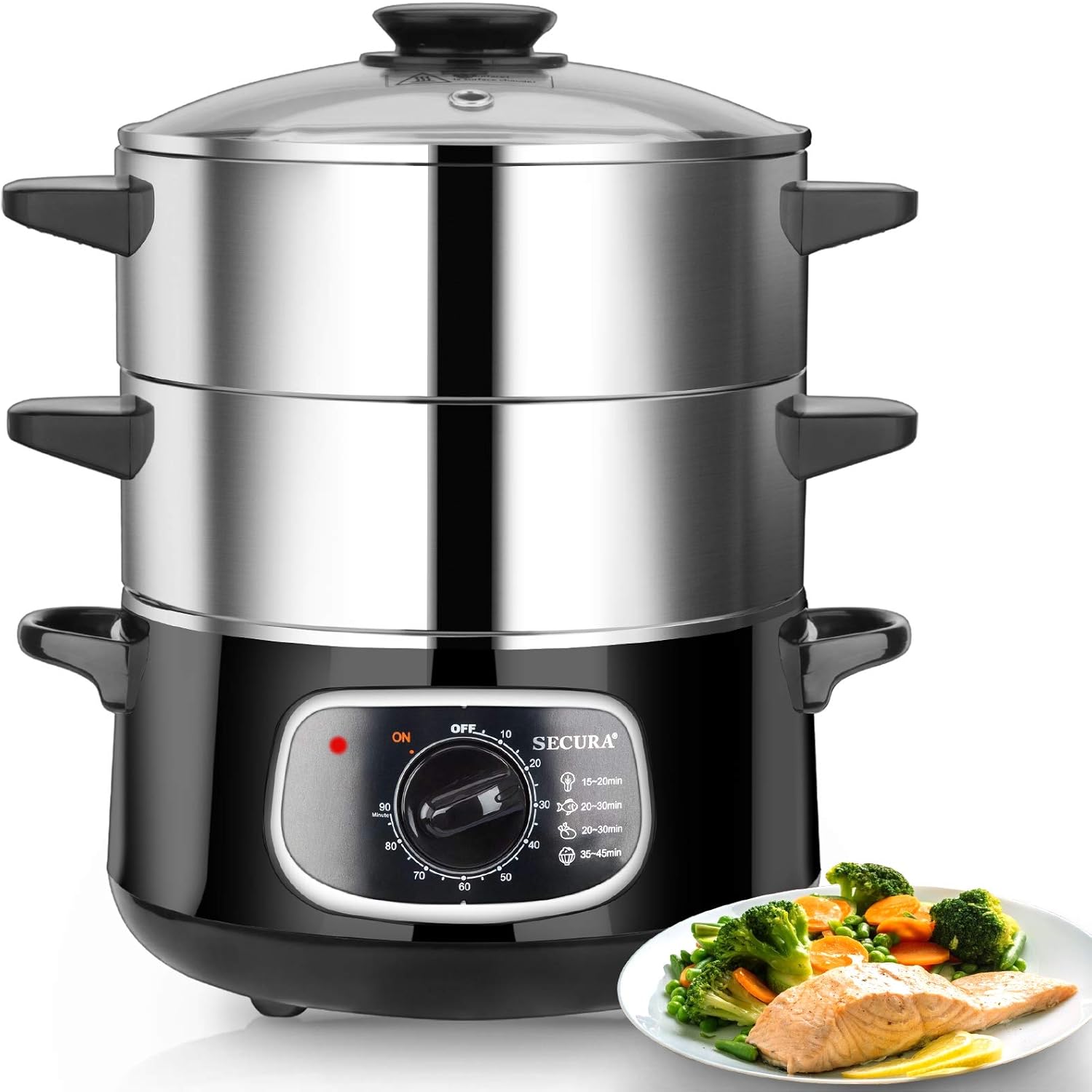 Secura 2 Stainless Steel Food Steamer 8.5 Qt Electric Glass Lid Vegetable Steamer Double Tiered Stackable Baskets with Timer Secura 2 Stainless Steel Food Steamer 8.5 Qt Electric Glass Lid Vegetable Steamer Double Tiered Stackable Baskets with Timer