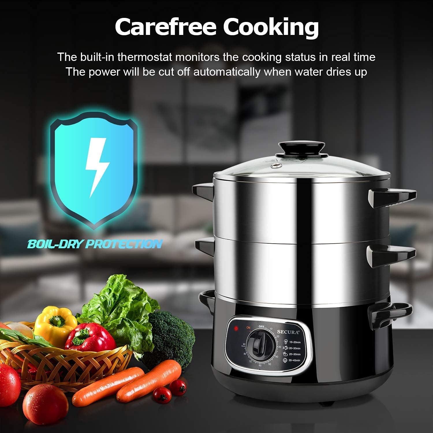 Secura 2 Stainless Steel Food Steamer 8.5 Qt Electric Glass Lid Vegetable Steamer Double Tiered Stackable Baskets with Timer0