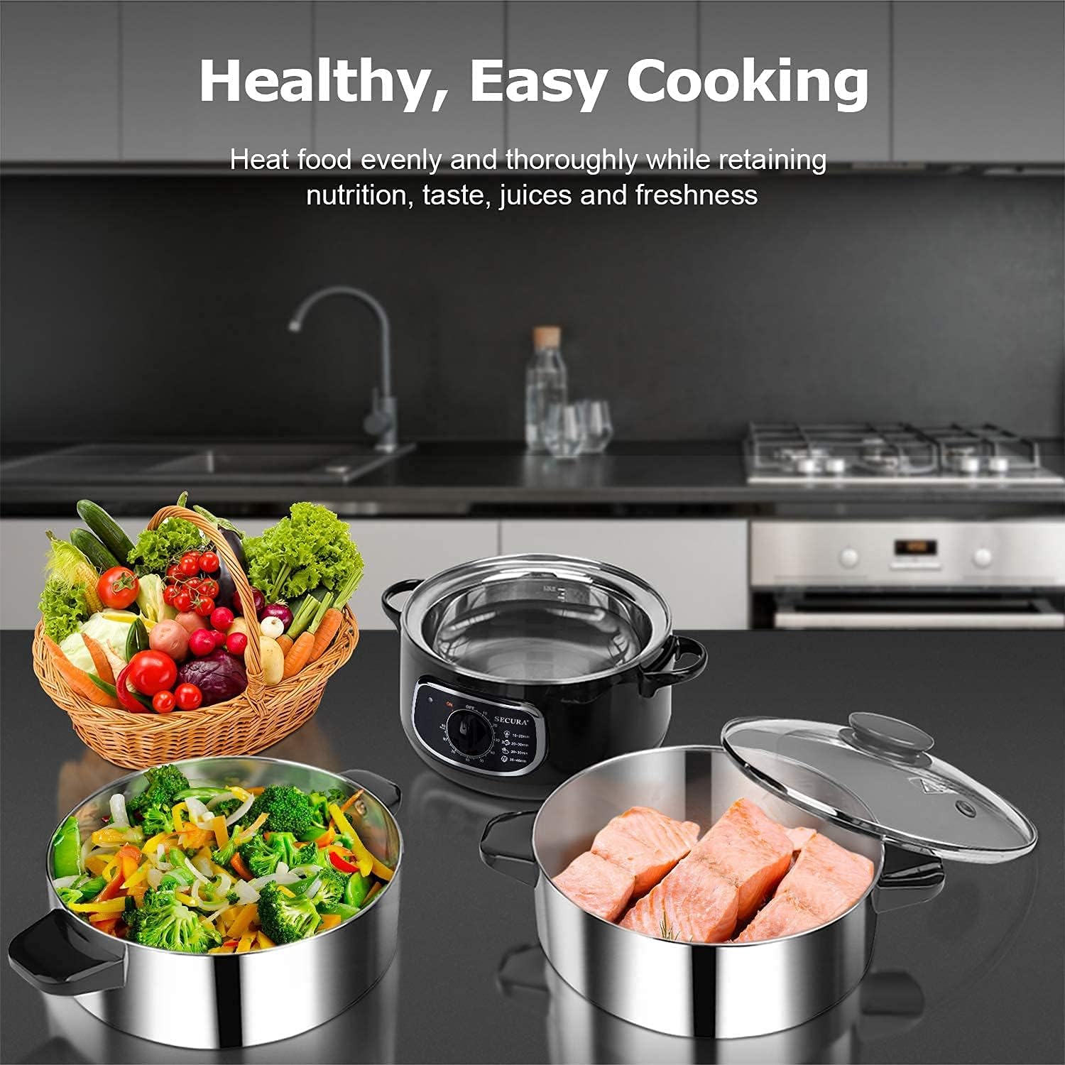 Secura 2 Stainless Steel Food Steamer 8.5 Qt Electric Glass Lid Vegetable Steamer Double Tiered Stackable Baskets with Timer1
