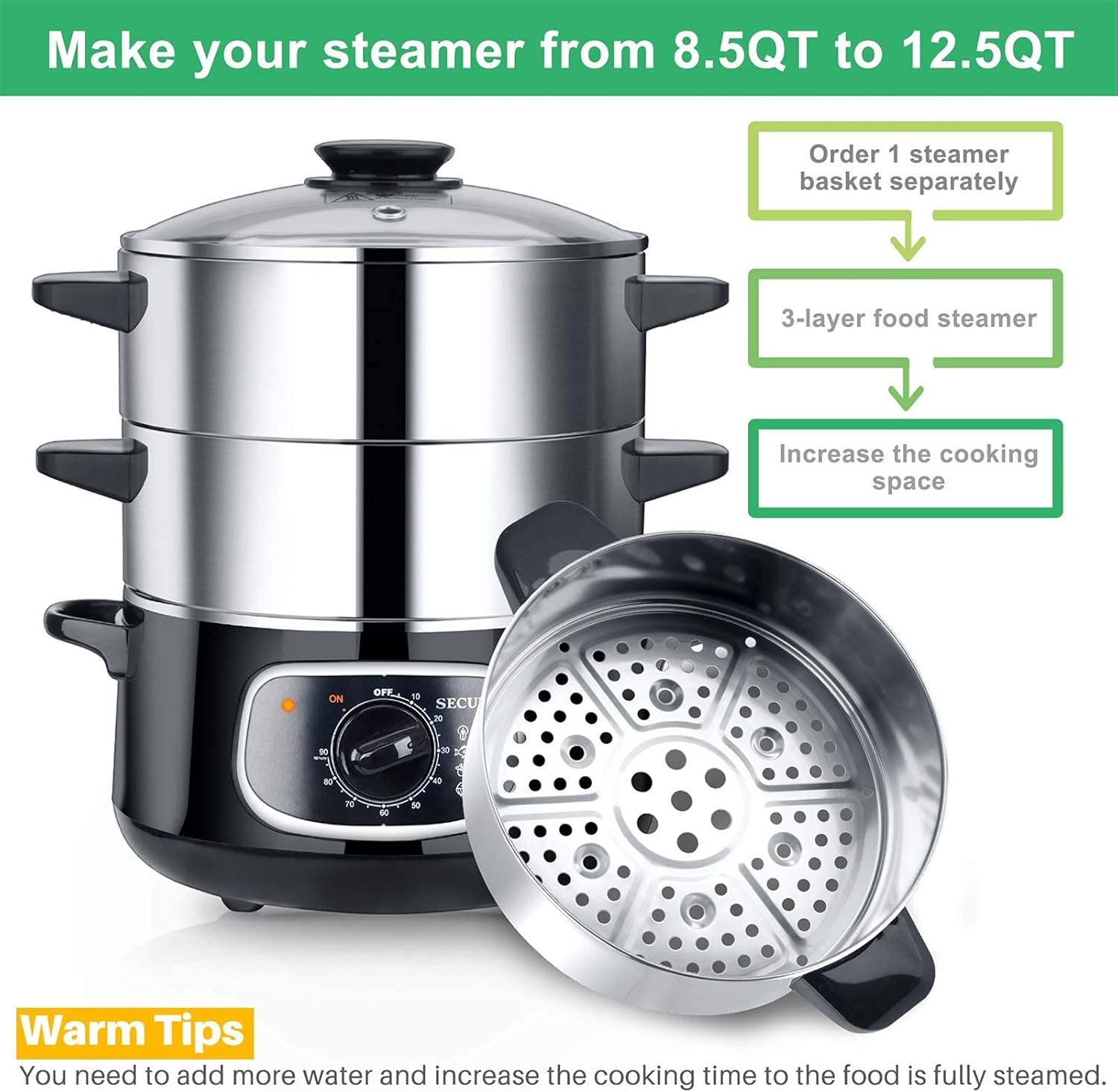 Secura 2 Stainless Steel Food Steamer 8.5 Qt Electric Glass Lid Vegetable Steamer Double Tiered Stackable Baskets with Timer12