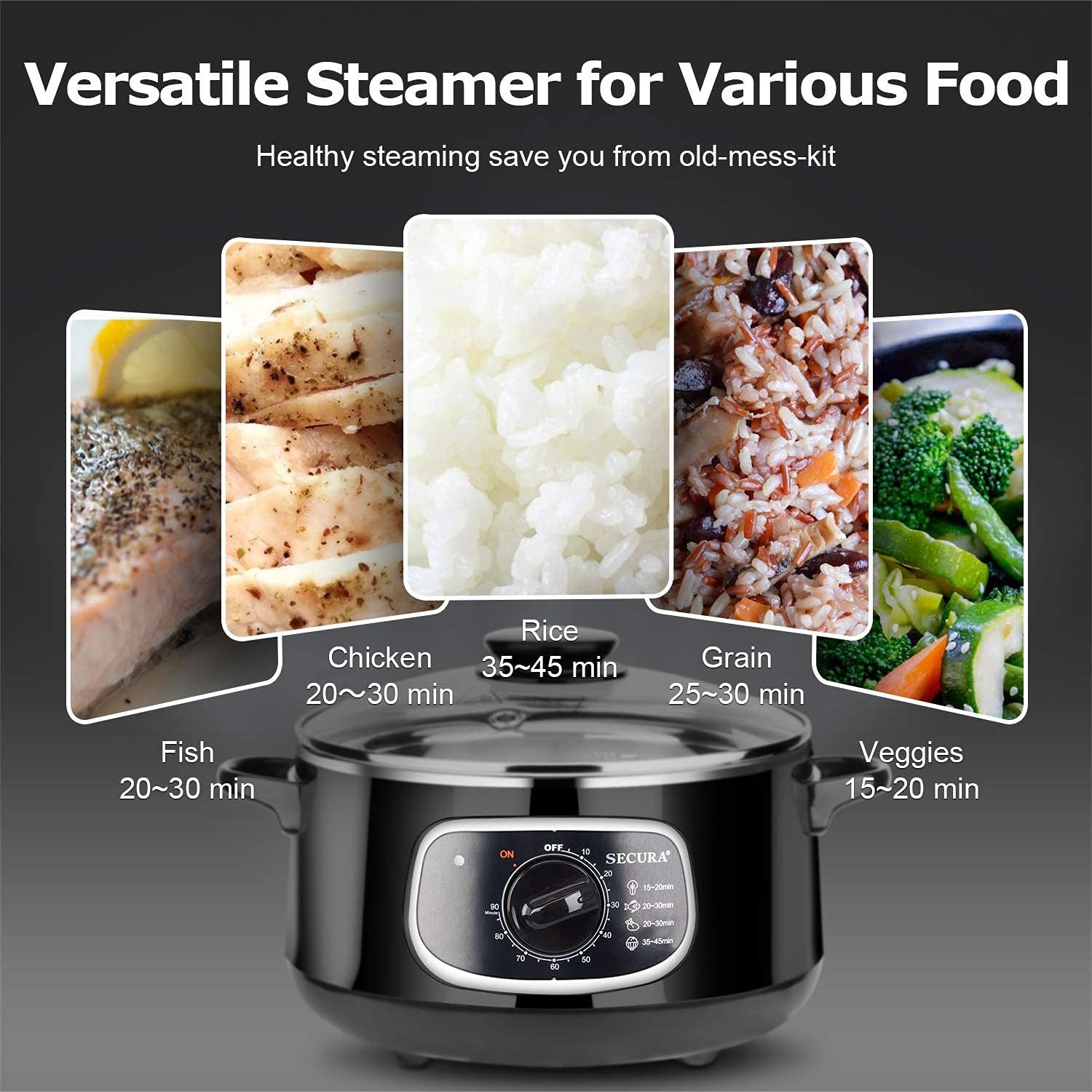 Secura 2 Stainless Steel Food Steamer 8.5 Qt Electric Glass Lid Vegetable Steamer Double Tiered Stackable Baskets with Timer7