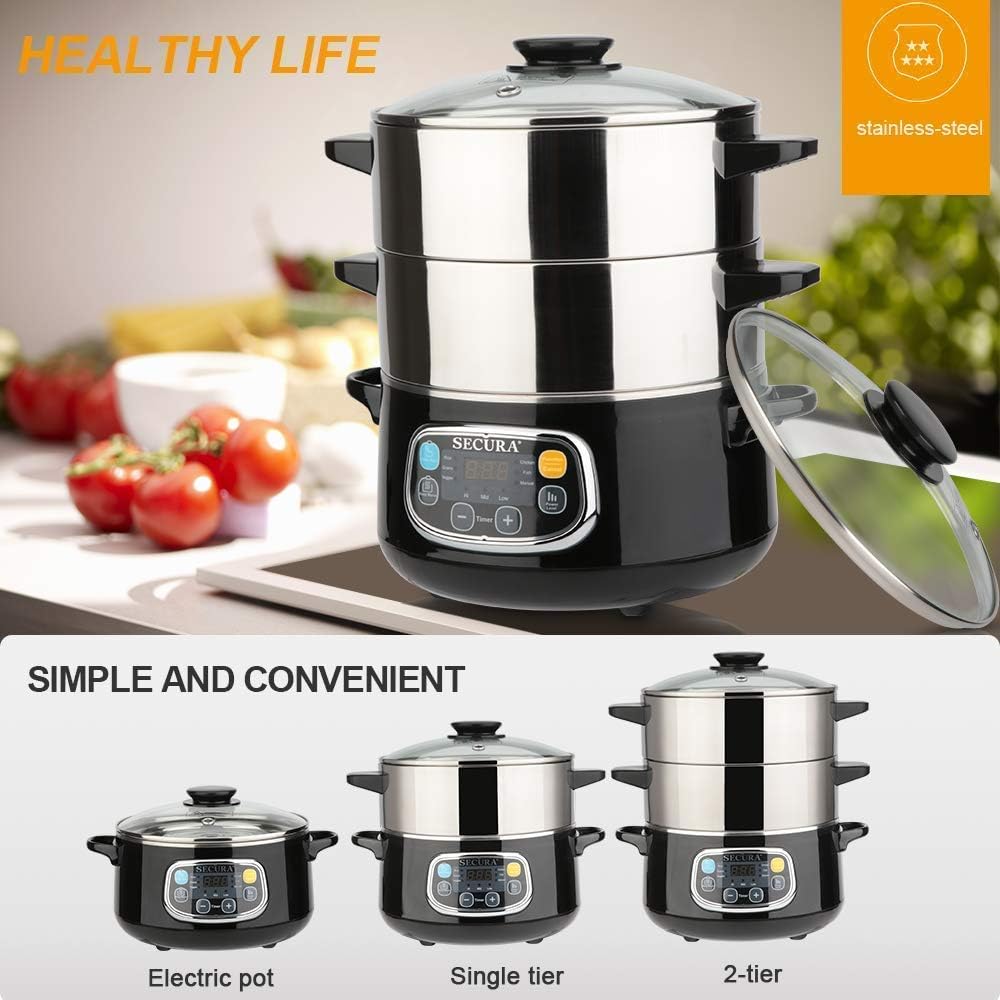 Secura Electric Food Steamer, Vegetable Double Tiered Stackable Baskets with Timer 1200W Fast Heating Stainless Steel Digital Steamer 8.5 Quart1