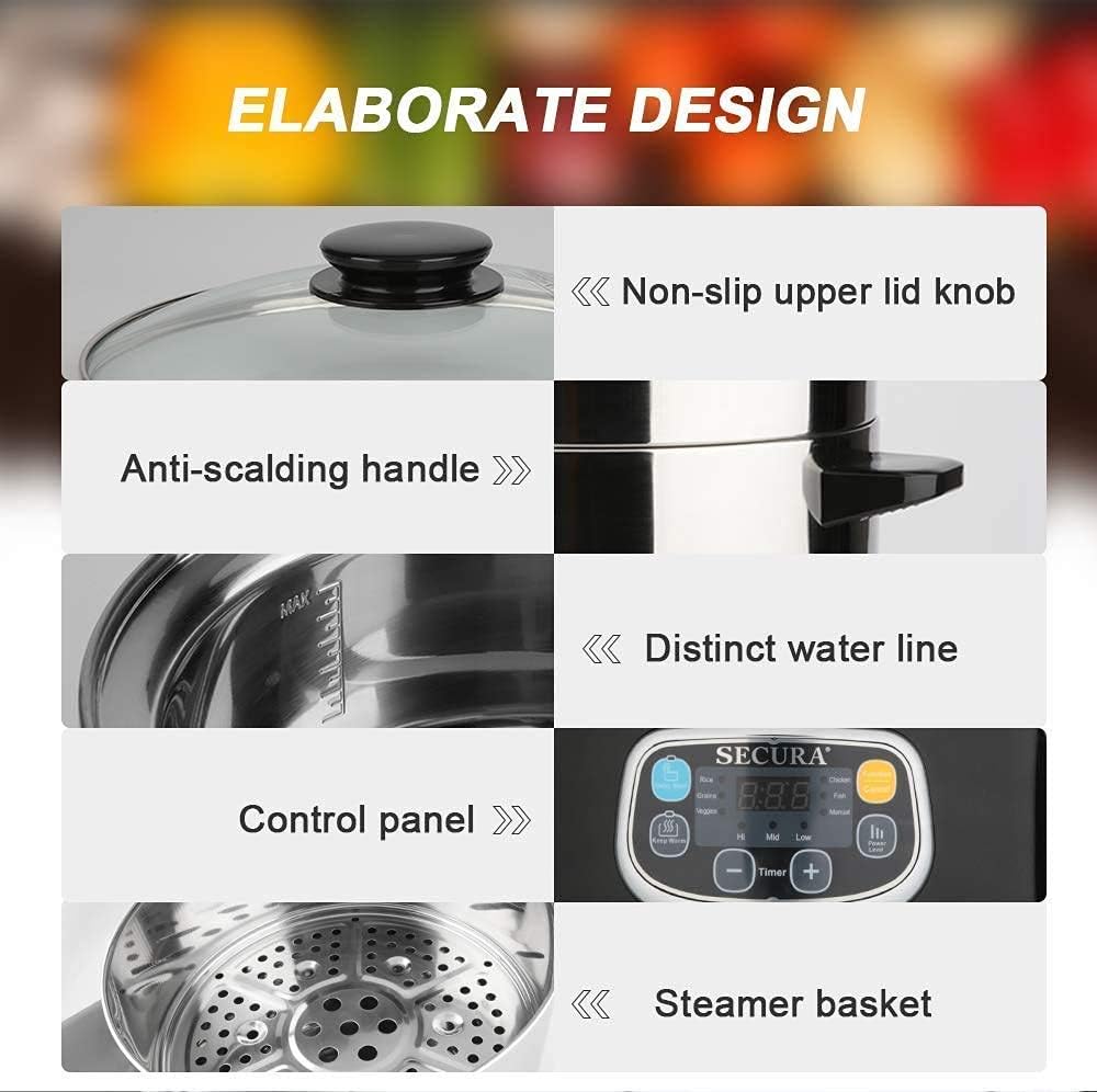Secura Electric Food Steamer, Vegetable Double Tiered Stackable Baskets with Timer 1200W Fast Heating Stainless Steel Digital Steamer 8.5 Quart3