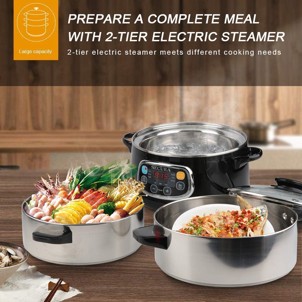 Secura Electric Food Steamer, Vegetable Double Tiered Stackable Baskets with Timer 1200W Fast Heating Stainless Steel Digital Steamer 8.5 Quart6