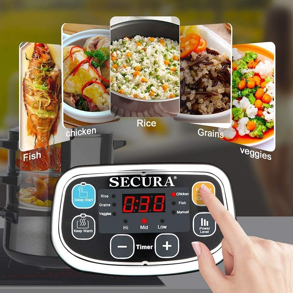 Secura Electric Food Steamer, Vegetable Double Tiered Stackable Baskets with Timer 1200W Fast Heating Stainless Steel Digital Steamer 8.5 Quart8