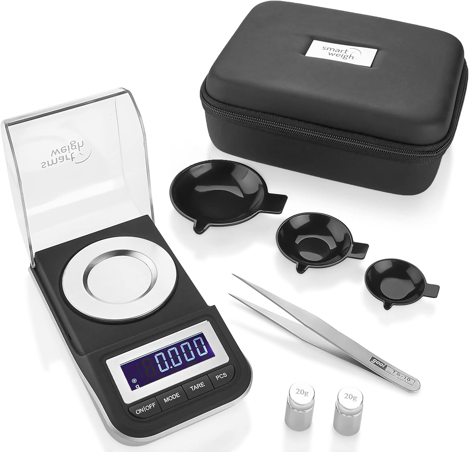 Smart Weigh 50g x 0.001 Grams, Premium High Precision Digital Milligram Scale, Includes Tweezers, Calibration Weights,Three Weighing Pans and Case Smart Weigh 50g x 0.001 Grams, Premium High Precision Digital Milligram Scale, Includes Tweezers, Calibration Weights,Three Weighing Pans and Case