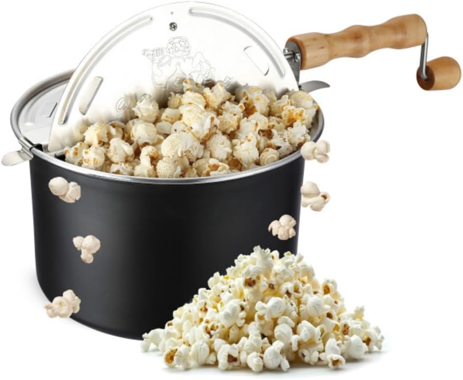 Stovetop Popcorn Maker – 6.5-Quart Popper Pan with Wooden Crank Handle and Internal Kernel Stirrer by Great Northern Popcorn (Black) Stovetop Popcorn Maker – 6.5-Quart Popper Pan with Wooden Crank Handle and Internal Kernel Stirrer by Great Northern Popcorn (Black)