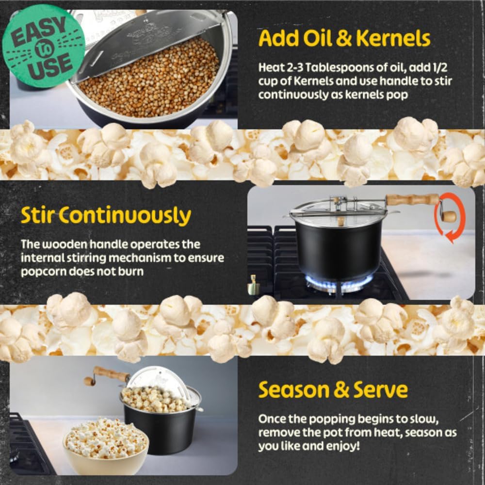 Stovetop Popcorn Maker – 6.5-Quart Popper Pan with Wooden Crank Handle and Internal Kernel Stirrer by Great Northern Popcorn (Black)3